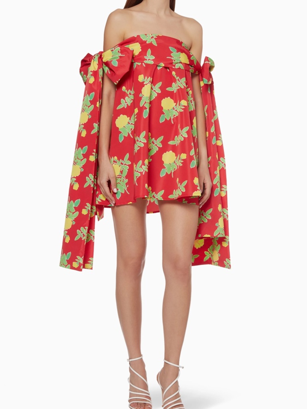 Off-Shoulder Red Floral Mini Dress with Draped Bows